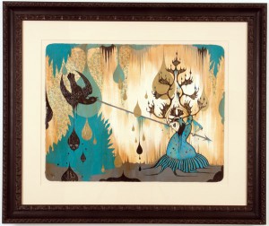 Camille Rose  Garcia -  <strong>Black Falcon Attack</strong> (2006<strong style = 'color:#635a27'></strong>)<bR /> Acrylic and gold mica on paper, 
 Image size: 23 x 30 inches, 
 Framed size: 37 x 43 inches