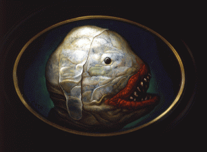 Chris  Mars -  <strong>Blood Worm</strong> (2003<strong style = 'color:#635a27'></strong>)<bR /> oil on panel, 
 5 x 7 inches (12.7 x 17.78 cm) 
6.75 x 8.75 inches, framed