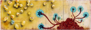 Jeff  Soto -  <strong>Blue Flower Cluster</strong> (2004<strong style = 'color:#635a27'></strong>)<bR /> Acrylic on Wood 
12 x 36 inches