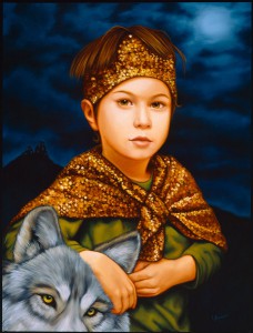 Isabel  Samaras -  <strong>Filius in Fabula (The Boy in the Tale)</strong> (2006<strong style = 'color:#635a27'></strong>)<bR /> Oil on wood, 
 Image size: 24 x 17 1/4 inches, 
 Framed size: 32 x 26 inches