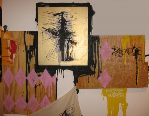 Hamilton  Yokota (Titi Freak) -  <strong>Triptique</strong> (2006<strong style = 'color:#635a27'></strong>)<bR /> Mixed Media on Wood, 
 37 x 49 inches