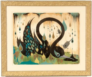 Camille Rose  Garcia -  <strong>Black Swan Breakdown</strong> (2006<strong style = 'color:#635a27'></strong>)<bR /> Acrylic and gold mica on paper, 
 Image size: 30 x 38 1/2 inches, 
 Framed size: 44 x 52 inches