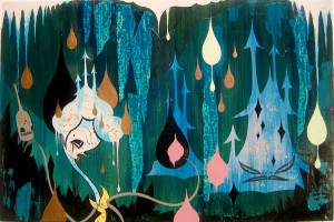 Camille Rose  Garcia -  <strong>Blue Castle Invasion</strong> (2006<strong style = 'color:#635a27'></strong>)<bR /> Acrylic, glitter, and gold mica on wood, 
 16 x 24 inches