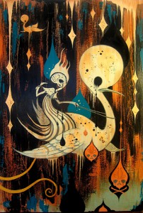 Camille Rose  Garcia -  <strong>Cavern Swan Escape</strong> (2006<strong style = 'color:#635a27'></strong>)<bR /> Acrylic, glitter, and gold mica on wood, 
 36 x 24 inches