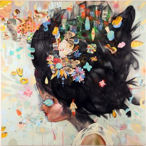 David  Choe -  <strong>City Girl</strong> (<strong style = 'color:#635a27'></strong>)<bR /> Mixed media on wood, 
 48 x 48 inches
