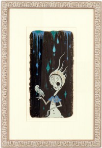 Camille Rose  Garcia -  <strong>Deathgirl with Bird</strong> (2006<strong style = 'color:#635a27'></strong>)<bR /> Acrylic and gold mica on paper, 
 Image size: 15 x 7 1/2 inches, 
 Framed size: 26 x 18 inches