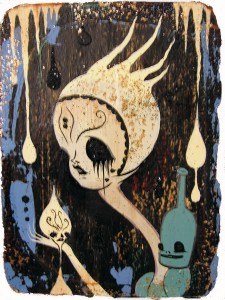 Camille Rose  Garcia -  <strong>Violet Death Boy</strong> (2006<strong style = 'color:#635a27'></strong>)<bR /> Acrylic and gold mica on paper, 
 7 x 5 1/2 inches