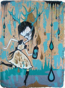 Camille Rose  Garcia -  <strong>Deer Girl with Poison</strong> (2006<strong style = 'color:#635a27'></strong>)<bR /> Acrylic and gold mica on paper, 
 15 x 11 1/2 inches