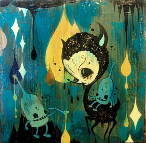 Camille Rose  Garcia -  <strong>Deer Poison</strong> (2006<strong style = 'color:#635a27'></strong>)<bR /> Acrylic, glitter, and gold mica on wood, 
 12 x 12 inches