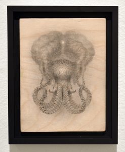 Martin Wittfooth -  <strong>Marosa study</strong> (2015<strong style = 'color:#635a27'></strong>)<bR /> graphite on wood, 
 8 x 6 inches 
(20.32 x 15.24 cm) 
9.75 x 10.75 inches, framed