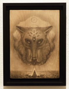 Martin Wittfooth -  <strong>Maya study</strong> (2015<strong style = 'color:#635a27'></strong>)<bR /> graphite on wood, 
 9.5 x 6 inches 
(24.13 x 15.24 cm) 
10.75 x 8.25 inches, framed