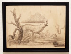 Martin Wittfooth -  <strong>Rainsong study</strong> (2015<strong style = 'color:#635a27'></strong>)<bR /> graphite on wood, 
 11 x 15 inches 
(27.94 x 38.1 cm) 
12.5 x 16.75 inches, framed