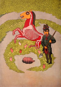 AJ  Fosik -  <strong>Goodbye Horses</strong> (2007<strong style = 'color:#635a27'></strong>)<bR /> Enamel on Wood, 
 30 x 21 inches