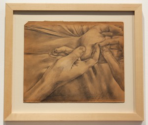 Faith47    -  <strong>Heart and Hand II</strong> (2015<strong style = 'color:#635a27'></strong>)<bR /> graphite on found object, 
 9.5 x 11.75 inches 
(24.13 x 29.84 cm), 
 <span style="font-size: 9pt; font-family: Arial, sans-serif;">