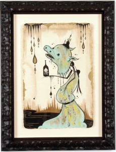 Camille Rose  Garcia -  <strong>Hippo Head Poison Bottle</strong> (2006<strong style = 'color:#635a27'></strong>)<bR /> Acrylic and gold mica on paper, 
 Image size: 23 x 15 inches, 
 Framed size: 32 x 25 inches