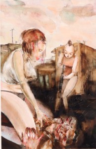 David  Choe -  <strong>Hold Him Still I Can't Get a Shot</strong> (<strong style = 'color:#635a27'></strong>)<bR /> Mixed media on paper, 
 Image size: 15 x 10 3/4 inches, 
 Framed size: 25 x 20 inches