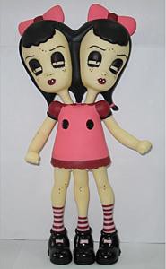 Camille Rose  Garcia -  <strong>Katie and Sadie</strong> (2004<strong style = 'color:#635a27'></strong>)<bR /> <span class="mainpage">Vinyl toy created by Necessaries Toy Foundation</span>, 
 14 inches high<span class="mainpage" />