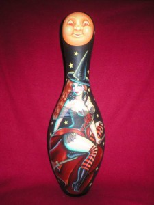 Kirsten  Easthope -  <strong>Bruja-ha</strong> (<strong style = 'color:#635a27'></strong>)<bR /> Acrylic on Bowling Pin