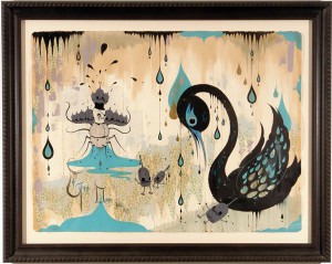 Camille Rose  Garcia -  <strong>General Disorder's Poison Party</strong> (2006<strong style = 'color:#635a27'></strong>)<bR /> Acrylic and gold mica on paper, 
 Image size: 45 x 60 inches, 
 Framed size: 58 x 72 inches