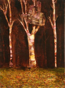 David  Choe -  <strong>Leaning Treehouse</strong> (<strong style = 'color:#635a27'></strong>)<bR /> Mixed media on Wood, 
 16 x 12 inches