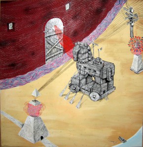 Andrew  Schoultz -  <strong>Meditation with Trojan Horse</strong> (2006<strong style = 'color:#635a27'></strong>)<bR /> Acrylic on Wood, 
 48 x 36 1/2 inches