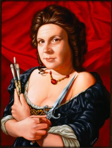 Isabel  Samaras -  <strong>Artemisia, Artis Magistra (Mistress of Art)</strong> (2006<strong style = 'color:#635a27'></strong>)<bR /> Oil on wood, 
 Image size: 15 1/2 x 12 inches, 
 Framed size: 26 x 22 inches