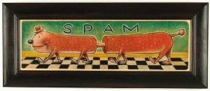 Daniel  Peacock -  <strong>Spam</strong> (<strong style = 'color:#635a27'></strong>)<bR /> acrylic on canvas, 
 10 x 35 in. (25.40 x 35 cm), 
 16 1/2 x 42 in. (41.91 x 106.68 cm) framed
