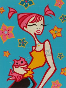 Plankton    -  <strong>Kitten Girl</strong> (<strong style = 'color:#635a27'></strong>)<bR /> mixed media , 
 24 x 18 in. (45.72 x 60.96 cm)