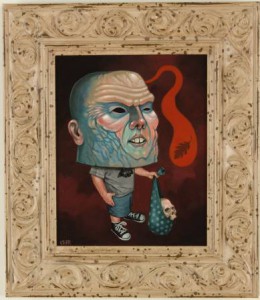 Chris  Ryniak -  <strong>The Family Curse</strong> (<strong style = 'color:#635a27'></strong>)<bR /> Acrylic on Masonite  
Framed: 13" x 14.5"
