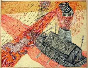 Andrew  Schoultz -  <strong>Slaveship Projection</strong> (2006<strong style = 'color:#635a27'></strong>)<bR /> Acrylic on Wood, 
 9 1/2 x 12 1/2 inches