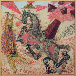 Andrew  Schoultz -  <strong>Horse with Chimney</strong> (2006<strong style = 'color:#635a27'></strong>)<bR /> Acrylic on Wood, 
 10 1/2 x 10 1/2 inches