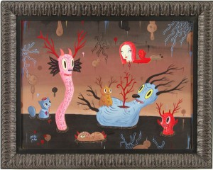 Gary  Baseman -  <strong>Sea Garden</strong> (2005<strong style = 'color:#635a27'></strong>)<bR /> Acrylic on Wood Panel, 
 18 x 24 inches