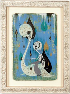 Camille Rose  Garcia -  <strong>White Swan Death Boy</strong> (2006<strong style = 'color:#635a27'></strong>)<bR /> Acrylic and gold mica on paper, 
 Image size: 23 x 15 inches, 
 Framed size: 31 x 24 inches