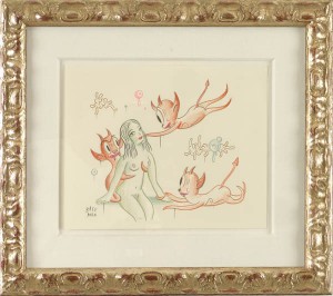 Gary  Baseman -  <strong>3 Devils</strong> (2005<strong style = 'color:#635a27'></strong>)<bR /> Mixed media on paper, 
 9 x 11 inches
