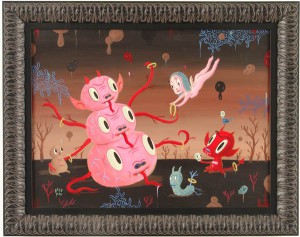 Gary  Baseman -  <strong>Three's A Charm</strong> (2005<strong style = 'color:#635a27'></strong>)<bR /> Acrylic on Wood Panel, 
 18 x 24 inches