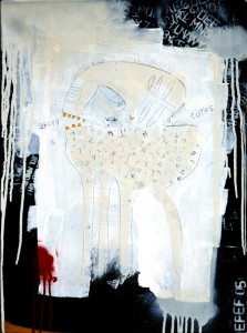 Fefê    -  <strong>White Monster</strong> (<strong style = 'color:#635a27'></strong>)<bR /> Mixed Media on Canvas, 
 19 1/2 x 27 inches