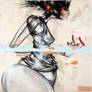David  Choe -  <strong>Waist-deep</strong> (<strong style = 'color:#635a27'></strong>)<bR /> Mixed media on Wood, 
 48 x 48 inches