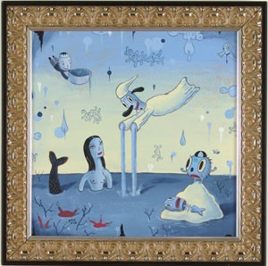 Gary  Baseman -  <strong>Wet Dream A</strong> (<strong style = 'color:#635a27'></strong>)<bR /> Acrylic on Panel, 
 Image size: 20 x 20 inches, 
 Framed size: 25 x 25 inches