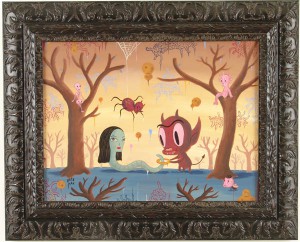 Gary  Baseman -  <strong>With thee Halo</strong> (2005<strong style = 'color:#635a27'></strong>)<bR /> Acrylic on Wood Panel, 
 18 x 24 inches