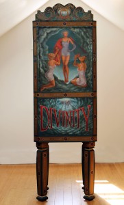 Lawrence Berzon -  <strong>The Divinity</strong> (2011<strong style = 'color:#635a27'></strong>)<bR /> oil on fiberglass, wood construction, audio-animatronics,
84 x 29 x 24 inches,
(213.36 x 73.66 x 60.96 cm)
