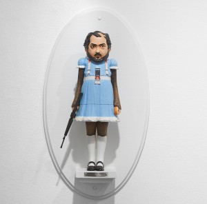 Mike Leavitt -  <strong>Stanley Kubrick</strong> (2016<strong style = 'color:#635a27'></strong>)<bR /> hand-carved western red cedar, fimo, sculpey polymer clay and acrylic paint,
18 inches (45.7 cm)