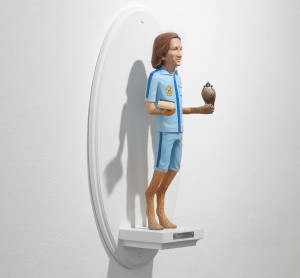 Mike Leavitt -  <strong>Wes Anderson (side)</strong> (2016<strong style = 'color:#635a27'></strong>)<bR /> hand-carved western red cedar, fimo, sculpey polymer clay and acrylic paint,
18 inches (45.7 cm)