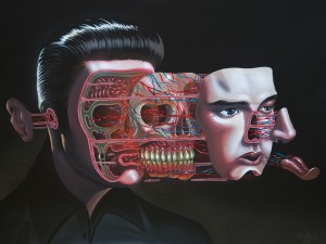 Nychos -  <strong>Dissection of Elvis</strong> (2016<strong style = 'color:#635a27'></strong>)<bR /> acrylic on canvas,
36 x 48 in. (91.4 x 121.9 cm)  
$6,000