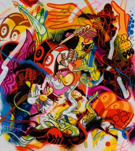 RIME -  <strong>Ride In, Thug Out</strong> (2016<strong style = 'color:#635a27'></strong>)<bR /> acrylic and oil stick on canvas,
40 x 36 inches (101.6 x 91.4 cm)