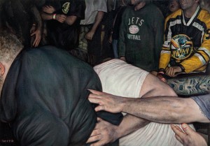 Dan Witz -  <strong>Mosh Pit Study (Jets)</strong> (2014<strong style = 'color:#635a27'></strong>)<bR /> oil on canvas,
14 x 20 inches
(35.6 x 50.8 cm) framed