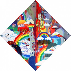 Erik Jones -  <strong>The Big Rock</strong> (2016<strong style = 'color:#635a27'></strong>)<bR /> watercolor, colored pencil, acrylic, wax pastel, assorted paper and sticker collage on Rives BFK paper mounted to wood panel,
24 x 24 in. (61 x 61 cm)