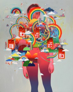 Erik Jones -  <strong>The Greeter</strong> (2016<strong style = 'color:#635a27'></strong>)<bR /> watercolor, colored pencil, acrylic, wax pastel, assorted paper and sticker collage on Rives BFK paper mounted to wood panel,
60 x 48 in. (152.4 x 121.9 cm)