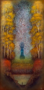Andy Kehoe -  <strong>Dreamscape Wanderer</strong> (2016<strong style = 'color:#635a27'></strong>)<bR /> oil, acrylic and resin in cradled wood panel,
16 x 30 inches,
(40.64 x 76.2 cm)
$5,000