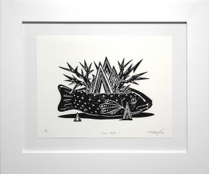 Jeff Soto -  <strong>Fish Pot edition 1/6</strong> (2016<strong style = 'color:#635a27'></strong>)<bR /> relief print on Arches paper, 
9 x 12 inches,
(22.9 x 30.5 cm),
framed: 15.5 x 18.5 inches,
(39.4 x 47 cm)