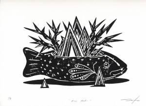 Jeff Soto -  <strong>Fish Pot edition 3/6 and 5/6</strong> (2016<strong style = 'color:#635a27'></strong>)<bR /> relief print on Arches paper,
9 x 12 inches,
(22.9 x 30.5 cm)